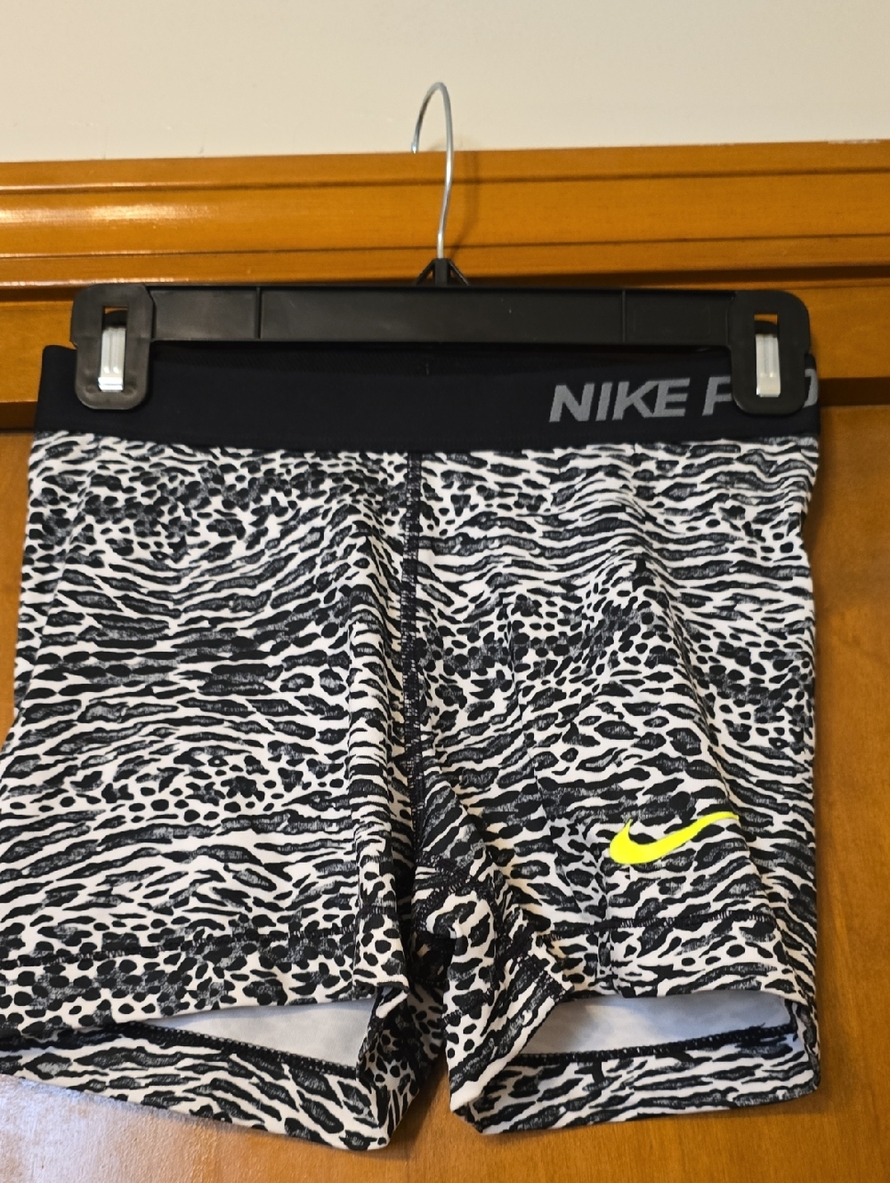 Nike Black and White Animal Print Performance Shorts with Neon Yellow Swoosh
